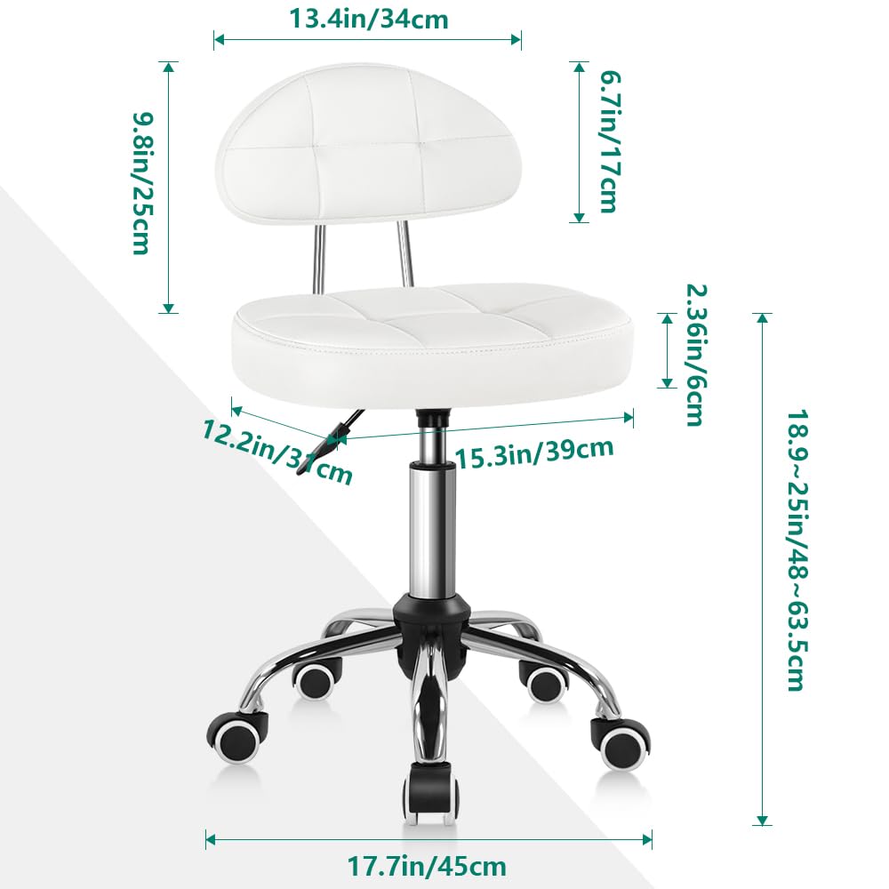 BFTOU Белый квадратный минималистский вращающийся табурет с колесиками, идеальный для работы, спа-салона, массажного стула с регулируемой высотой и роликами, со спинкой