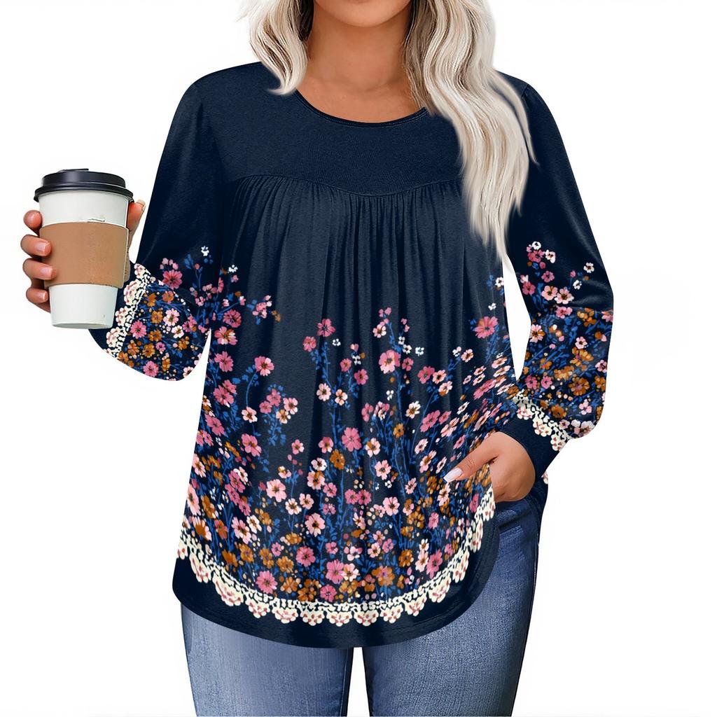 Womens Plus Size Tops Long Sleeve Shirts Round Neck Flowy Tunic Casual Loose Blouse L-5X
