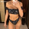 Цветочный бикини с открытыми плечами, женский купальник, женский купальник, комплект бикини со средней талией, купальный костюм