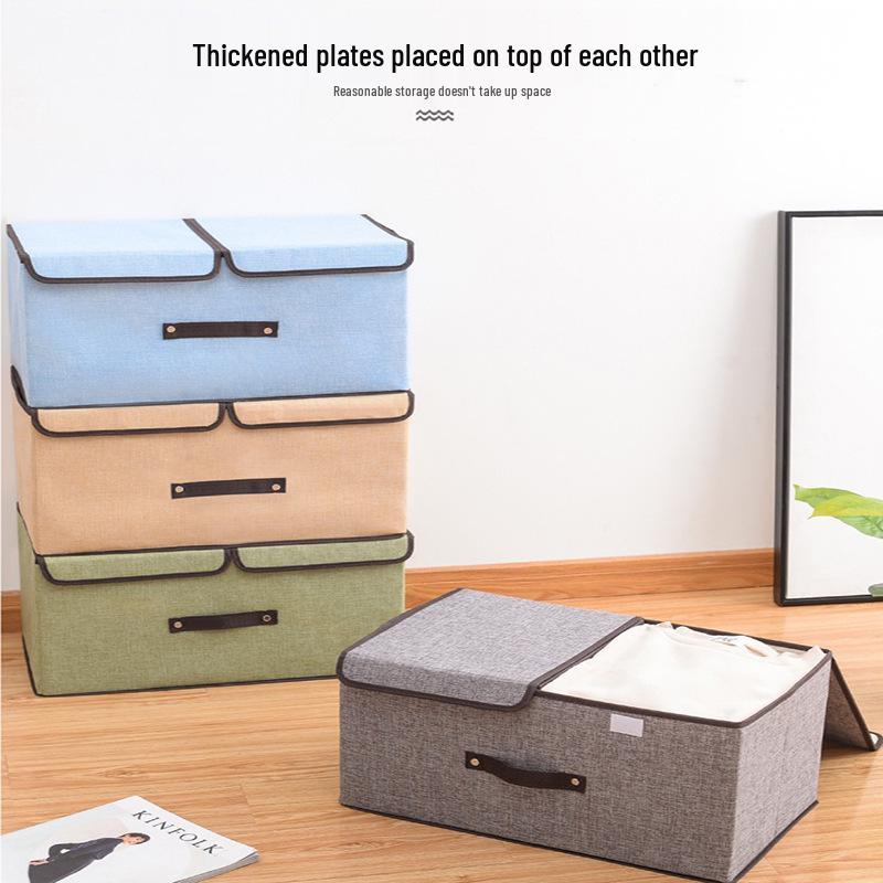 Складной хлопково-льняной ящик для хранения с двойной крышкой и ручкой для одежды и брюк