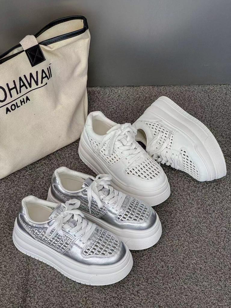 Spot Thick-soled Heightening Little White Shoes Women's Spring 2025 New Small Woven Breathable Fashion Casual Board Shoes