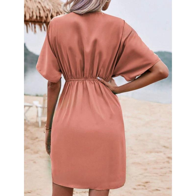YYFS Women's Fashion Summer Spring Solid Color Print Short Sleeve V-Neck High Waist Casual Dresses
