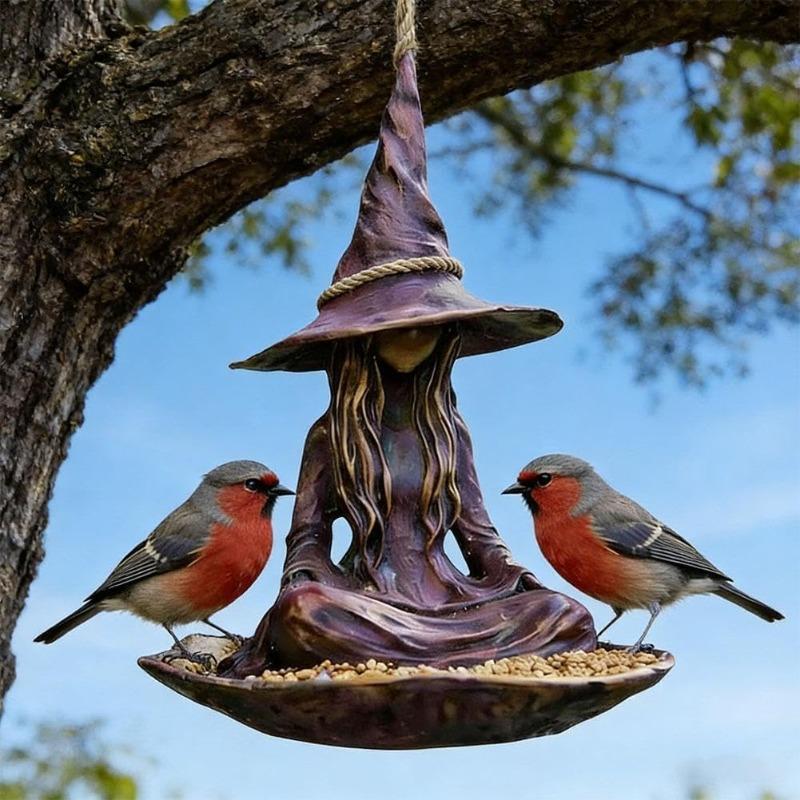Meditating Witch Garden Bird Feeder,Creative Witch Statue Wild Bird Seed Tray with Rope,Resin Hanging Feeders for Outdoor Patio Backyard Yard Art Gift