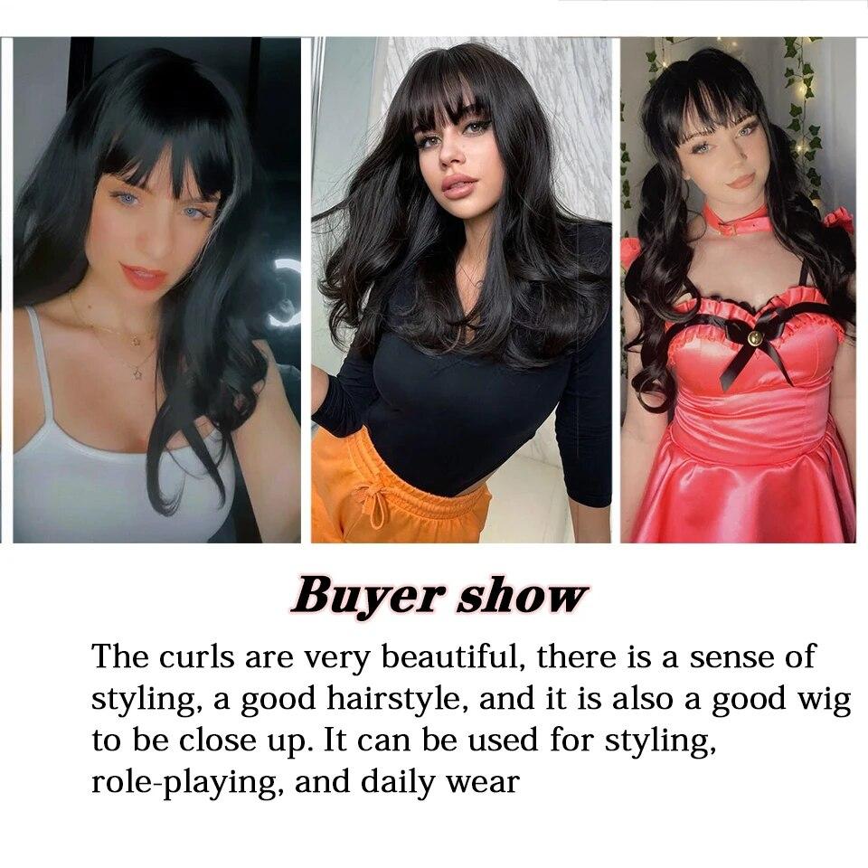 Длинный вьющийся синтетический парик с челкой по центру, темно-коричневый парик из натуральных вьющихся волос, женский парик для косплея, парик из термостойкого волокна