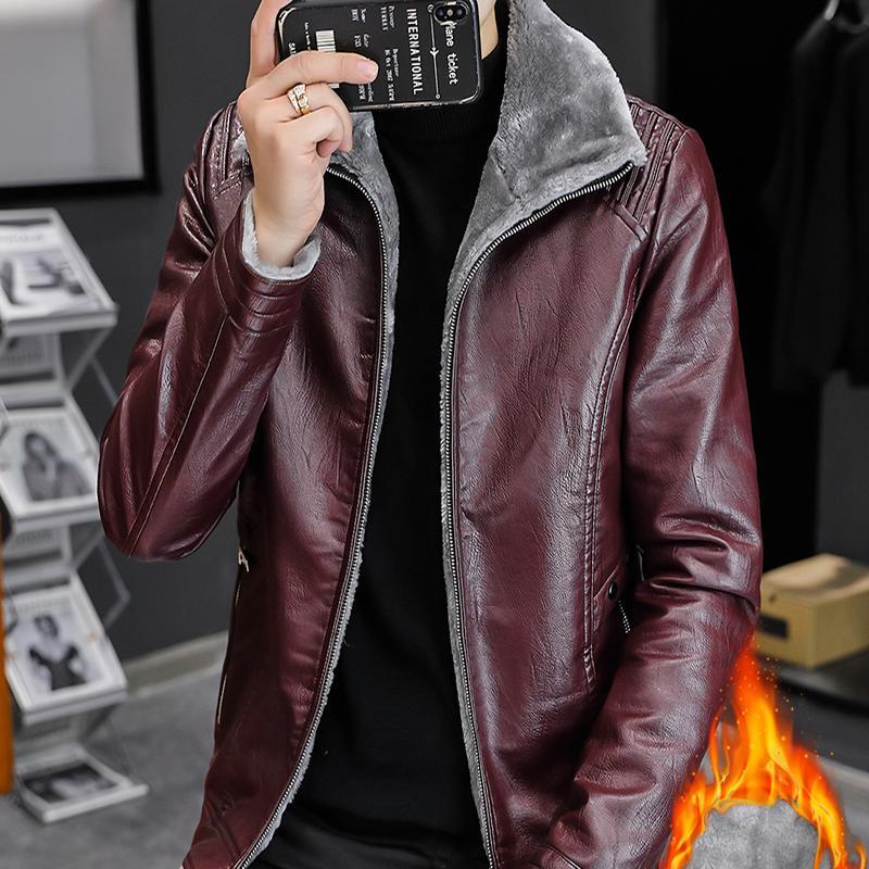 Мужская кожаная мотоциклетная куртка из искусственной кожи с лацканами, верхняя одежда, теплая бейсбольная куртка, мужская куртка, винтажное флисовое мужское толстое пальто