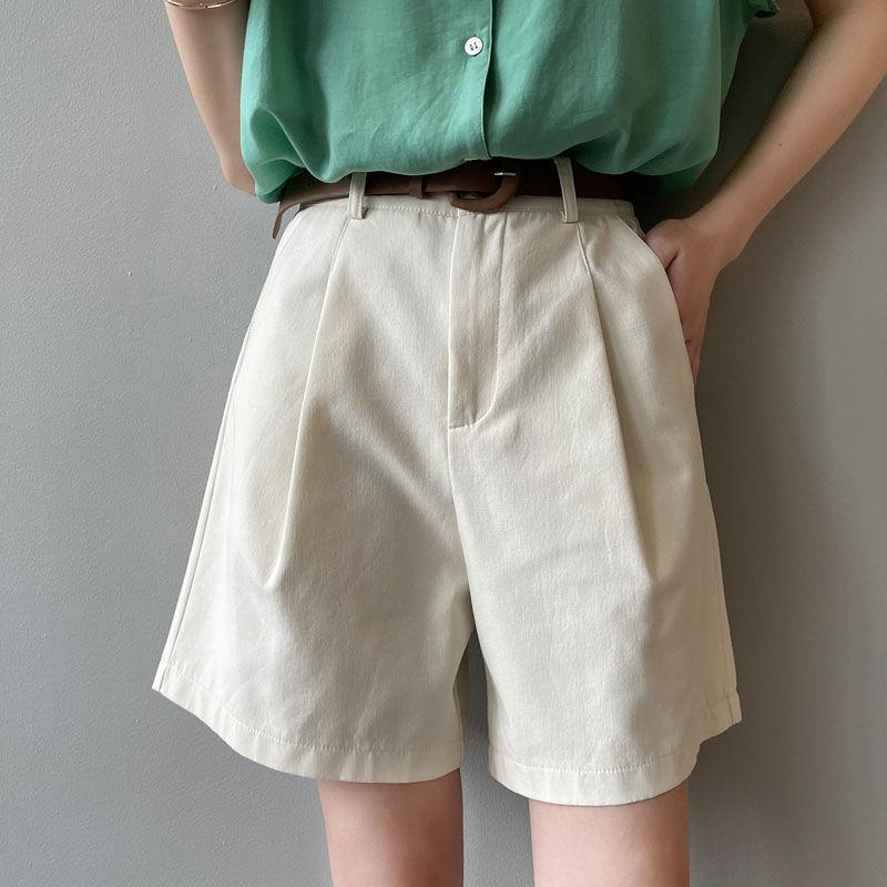 WTEMPO Cotton Shorts Women High Waist Wide Leg A Line Suit Shorts with Belt Office Lady Solid Loose Casual All Match Short Pants
