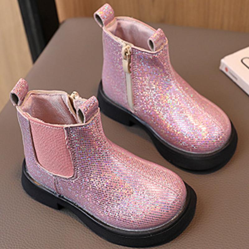 Ботинки для девочек, новые модные ботильоны на осень-зиму, детская повседневная обувь в британском стиле, модные короткие ботиночки с блестками для малышей