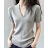 Rellawear Women Slim Fit V Neck Short sleeVe Knit Top Light Gray