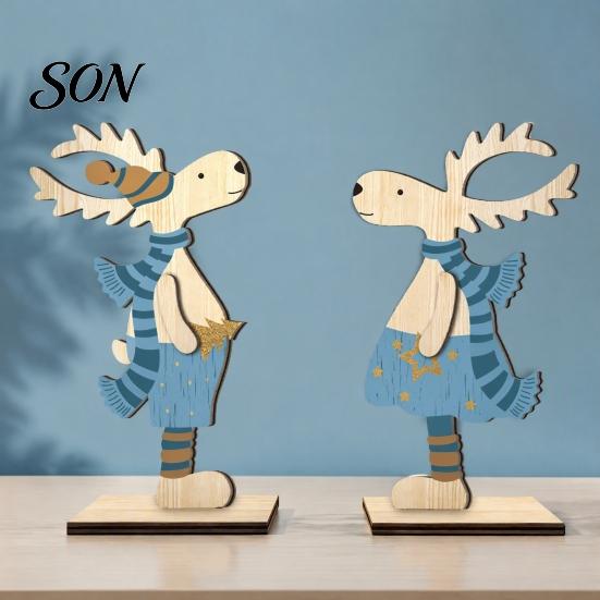 Double Sided Christmas Signs 2Pcs Wooden Reindeer Ornaments, Cute Elk Desktop Decorations, Handcrafted Holiday Decor Tabletop Centerpiece for