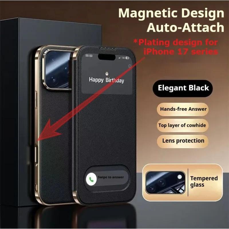 Чехол-книжка из натуральной кожи Smart View Window для iPhone 16 Pro 17 Pro 15 14 13 12 11 XR XS Max 7 8 Plus SE 3 Магнитный кошелек-флип