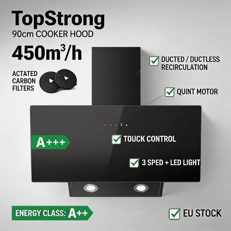 TopStrong 90cm Cooker Hood 450m³/h A+++ Extractor Hood Touch Control Ducted Ductless Recirculation with Activated Carbon Filter EU