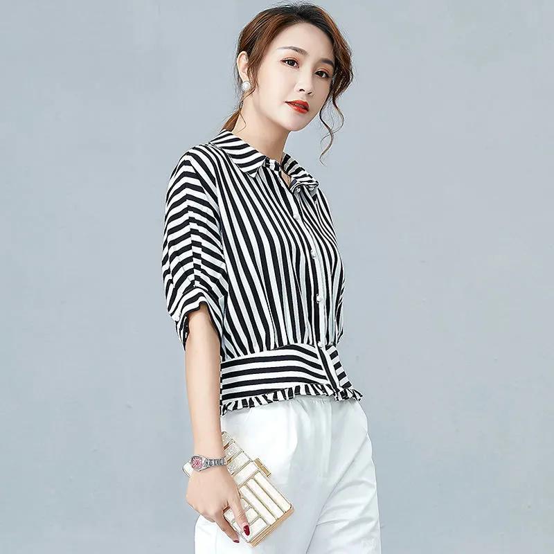 Женская летняя рубашка в полоску с коротким рукавом, стильный тонкий и удобный топ для поездок на работу