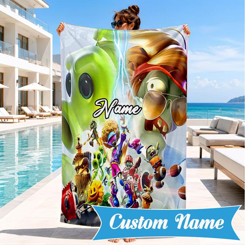 Custom Name Zombies Invasion Galactic Heroes Beach Towel Microfiber Beach Towel, Lightweight and Quick-Dry, for Summer Travel, Swimming Pool Gift