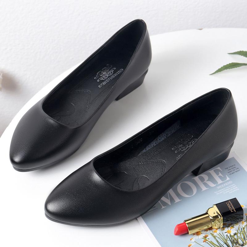 Весенние рабочие туфли черные профессиональные женские удобные туфли с круглым носком туфли-лодочки на низком каблуке из мягкой кожи офисные деловые туфли