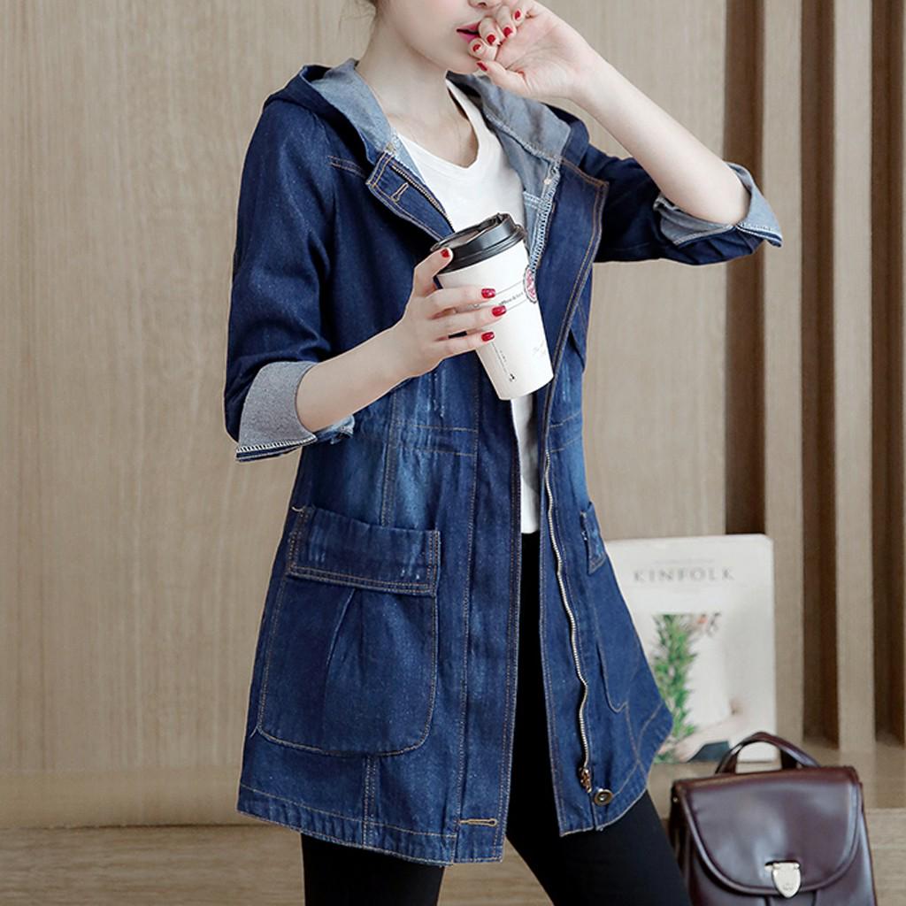 Модные женские джинсы Топ джинсовая блузка с капюшоном с длинным рукавом свободное пальто