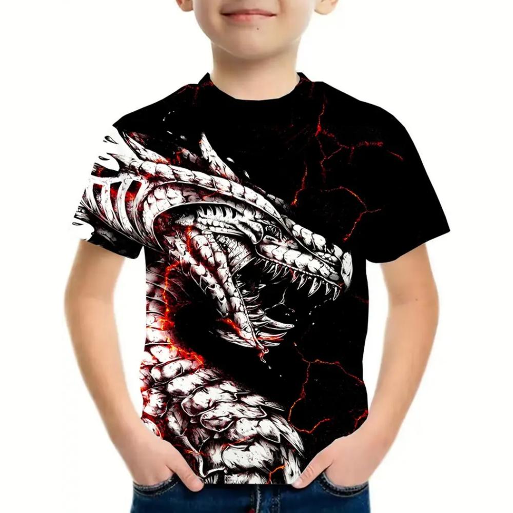 Summer Round Neck 3D Dragon Pattern Printed Top Fashionable Casual Short Sleeved Children's Boy T-shirts