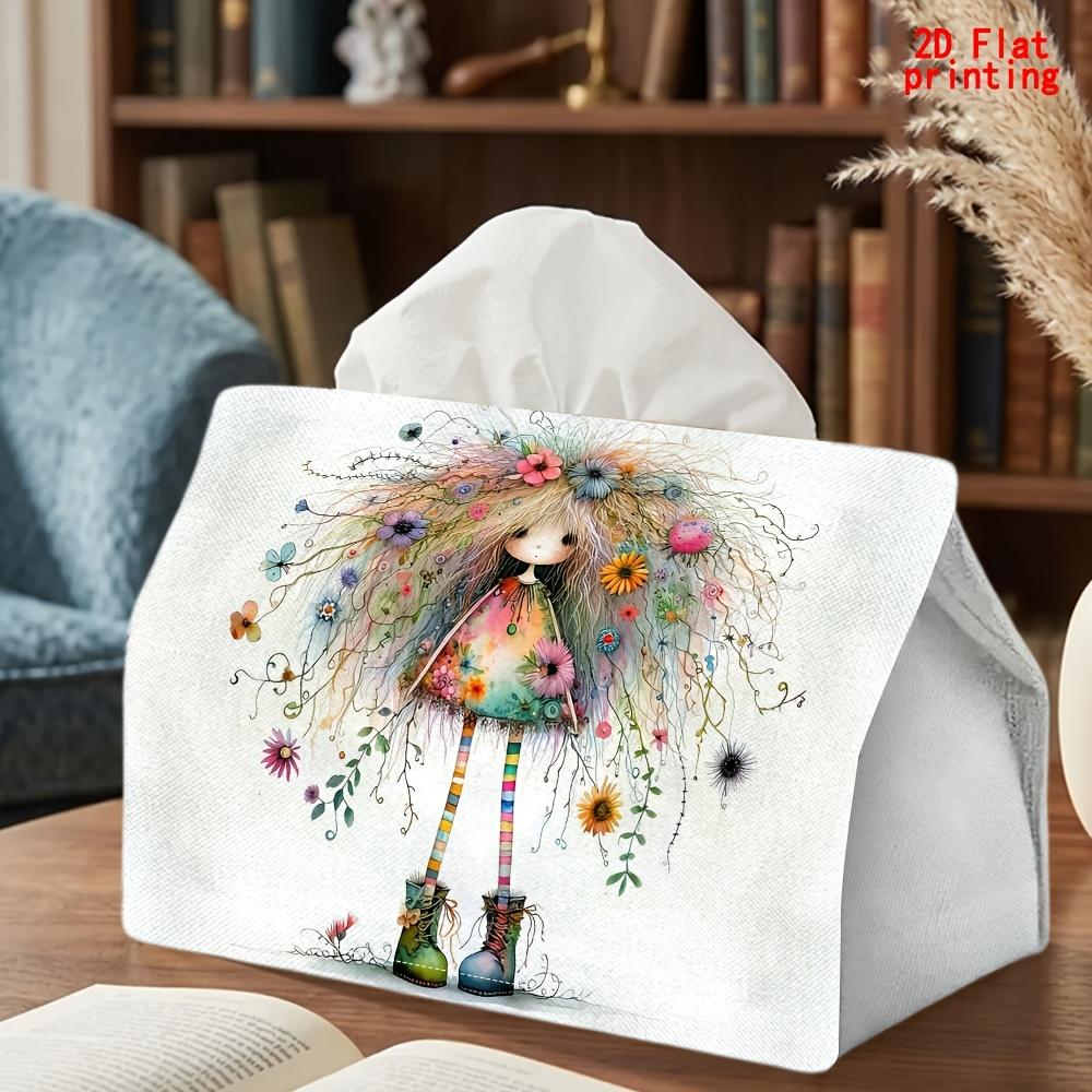 2D Flat 1pc, Tissue Box. Flower Fairy Pattern Napkin Dispenser, Reusable, Daily Desktop Tissue Organizer, Suitable for Kitchen Living Room Bedroom Bat