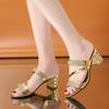 Fashion Summer New Women's Sandals and Slippers with Medium Heel Thick Heel Women's Slippers with Open Toe High Heel Rhinestones