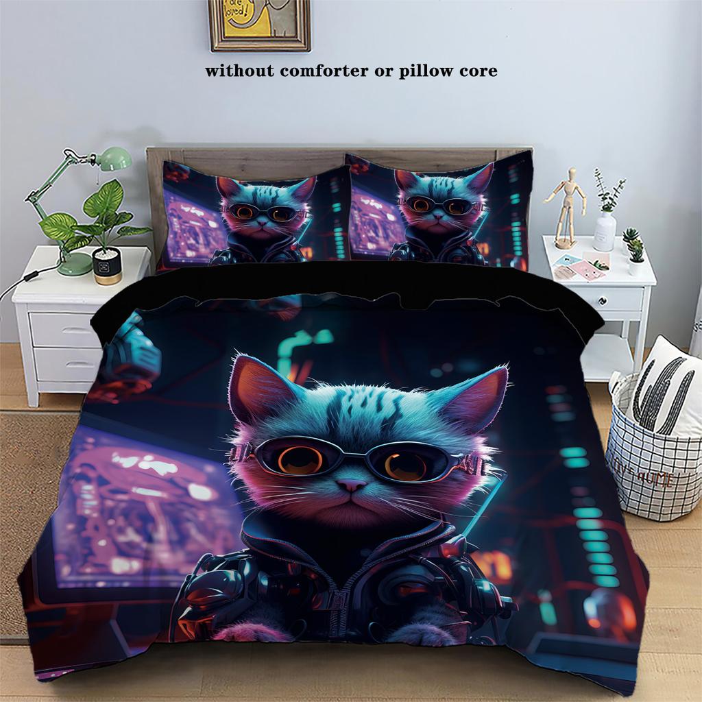 3pcs Cat and Wolf Cyberpunk Style Printed Bedding Set, (1*Duvet Cover + 2*Pillowcase, NO Core),for Bedroom,hotel,home Decoration