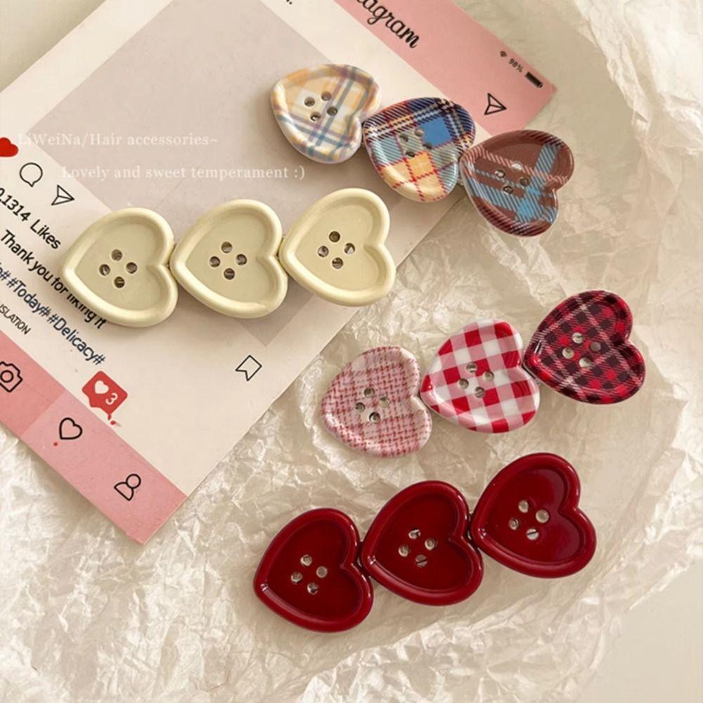 Non Slip Heart Hair Clip Plaid Pattern Button Hair Clip Fashion Plaid Hair Clip Gifts