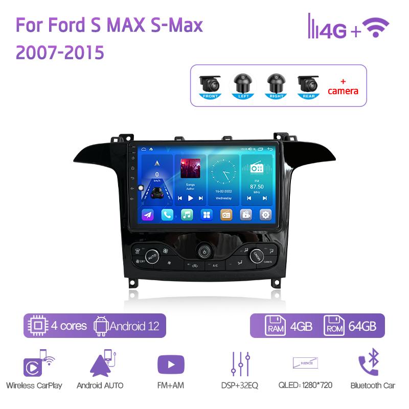 9" Для Ford S MAX S-Max 2007-2015 Автомобильный мультимедийный видеоплеер GPS-навигация Радио Android12 8+128G 8 ядер CarPlay 4G 360 камера