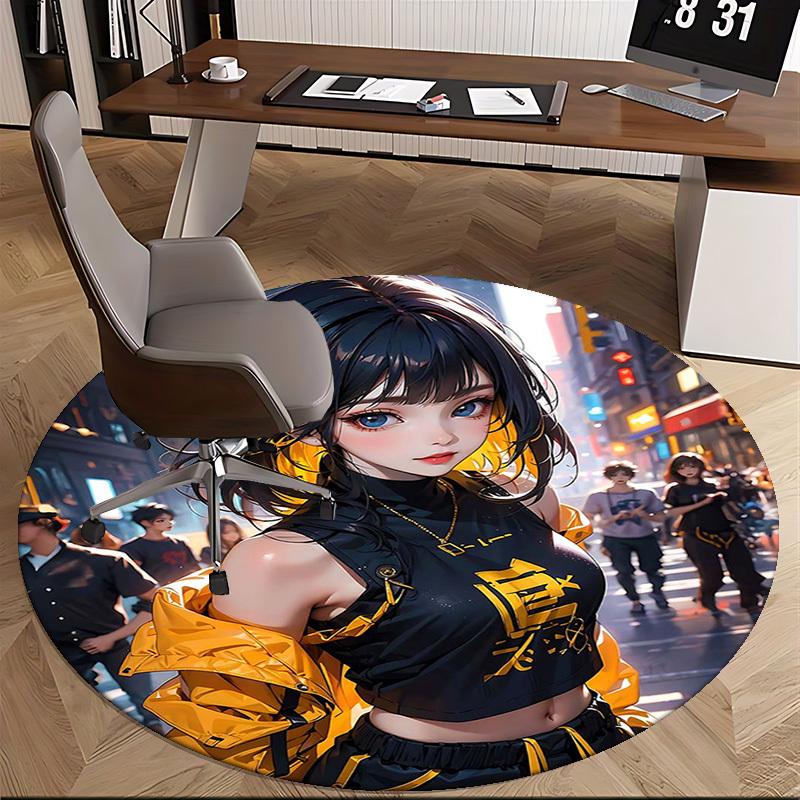 1pc Anime Design Round Carpet - Office Chair Mat with "Dragon" Print, Non-Slip Rug for Home Decor