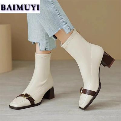 Квадратный носок Высокий каблук Женские ботильоны Модная обувь 2025 Тренд Элегантные офисные женские ботинки челси Новые туфли-лодочки на молнии Mujer Botas