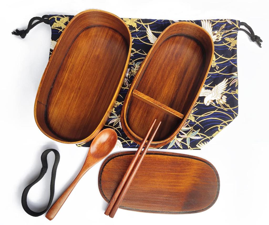 KXLCGYK Magewappa Bento Two Drawstring Wooden Spoon and Chopsticks Magewappa Large Wappa Lunch Bento Natural For Commuting To Students Box, Tiers,