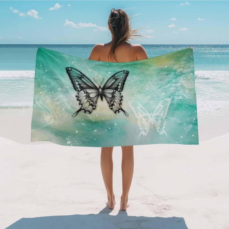 Beach Towel Butterfly Bath Pool Towels Ombre Teal Green Wings Absorbent Beach Towel Soft Large Quick Dry Lightweight Camping