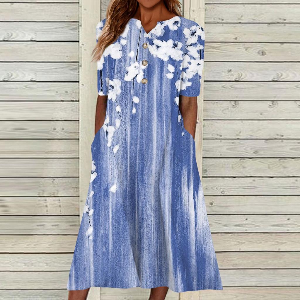 Women's Summer Casual Printed V-Neck Short-Sleeve Swing Dress