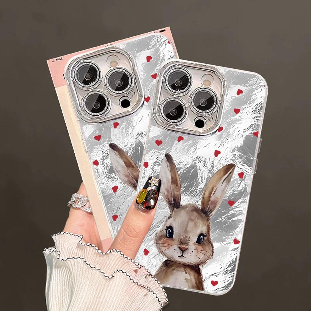 Милый Чехол с Сердечком и Кроликом, Текстура Ледника, Для iPhone 17 Air 16 15 14 13 12 11 Pro Max Plus 16E, С Защитной Крышкой для Объектива