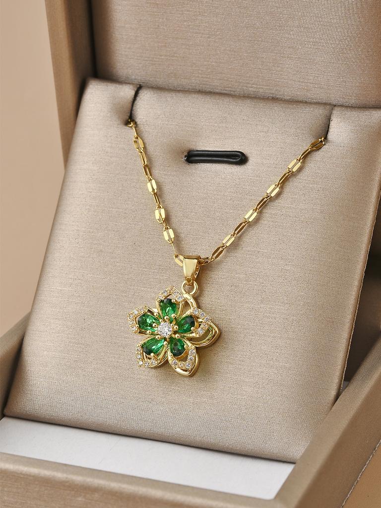 1pc Stainless Steel Rotating Five Petals Flower Shaped Pendant Necklace For Women