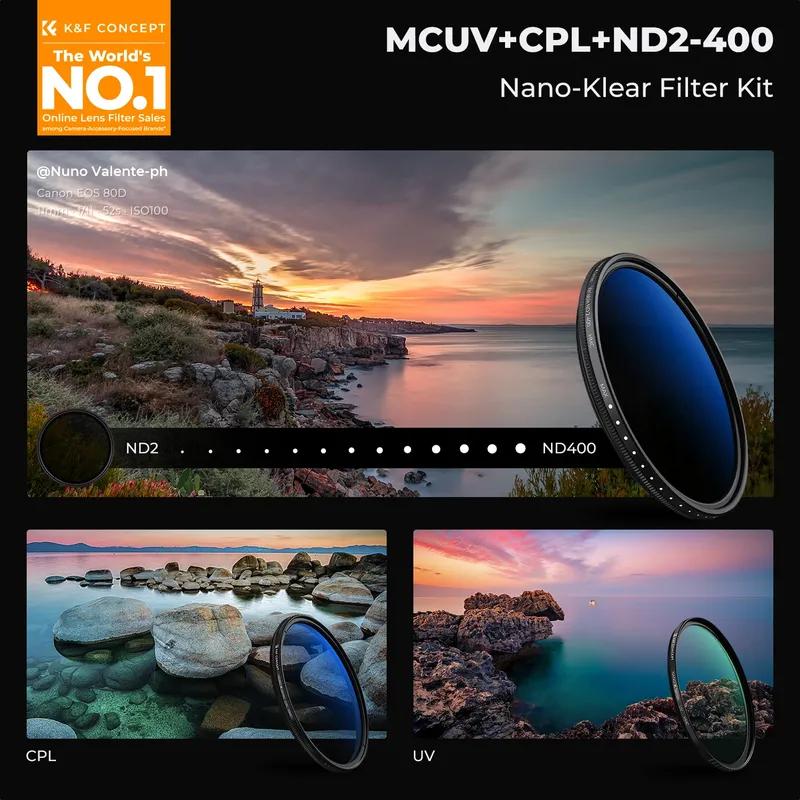 K&F CONCEPT Фильтры серии K 49-82 мм UV/CPL/ND2-400/Black-Mist 1/4 Крышка Салфетки для чистки Набор фильтров для объектива камеры для Nikon Canon Leica