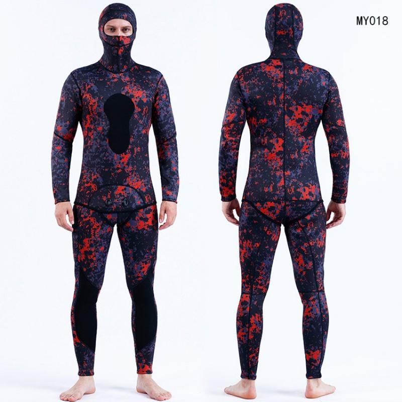 3mm Camo Wetsuit Set Hooded Two Piece Diving Suit Freediving Snorkeling Spearfishing Men Adult