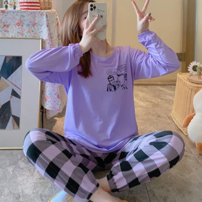 Весенне-осенняя пижама, женский домашний костюм с длинными рукавами, можно носить на улице, свободный комплект из двух предметов большого размера