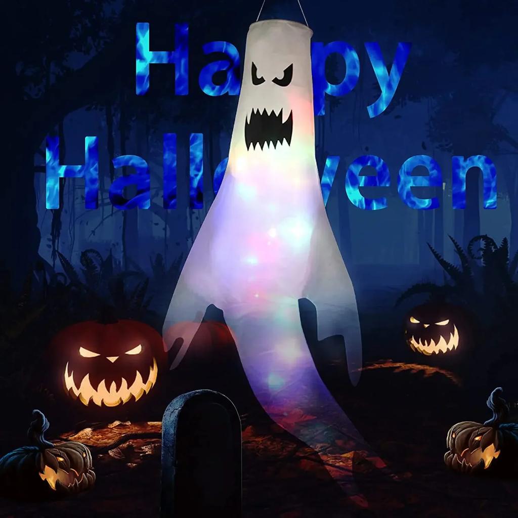 Halloween Ghost Windsocks Decorations with LED Light, Outdoor, Hanging Ghost Windsocks for Trees, Yard, Halloween Decor Supplies