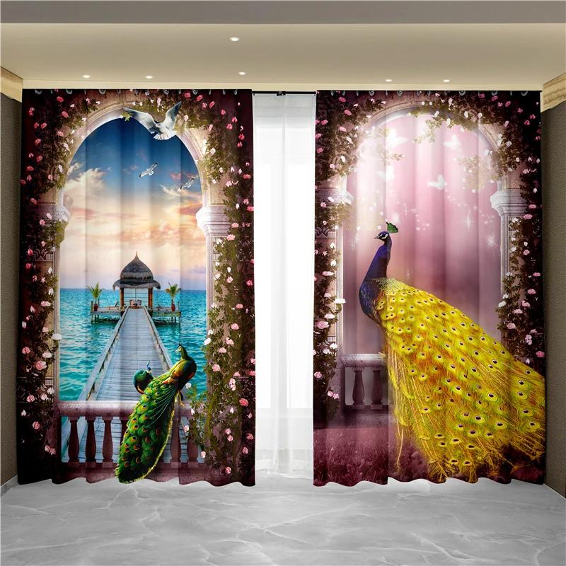 Винтажная синяя павлинья серия высокая затемняющая занавеска роскошный дизайн плотная затемняющая оконная драпировка занавеска для гостиной спальни декор