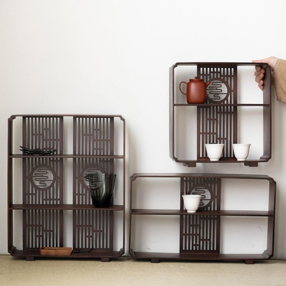 Window Lattice Chinese Walnut Display Shelf Walnut Wood Tea Organizer Living Room
