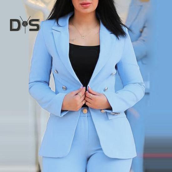2 Pcs/Set Women Coat Pants Suit Double-breasted Long Sleeve Cadigan Lapel Jacket High Waist Button Zipper Closure Slim Fit Pants Lady OL Commute