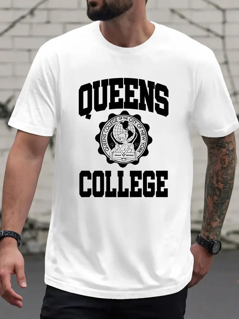 Футболка с эмблемой Queens College и смелым принтом - Черная с белой графикой