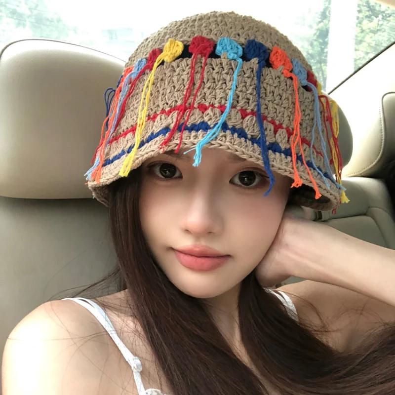 Корейская версия, свежая цветная вязаная панама с бахромой, женская, весна и осень, фото, дорожная, универсальная, повседневная, ретро-кепка