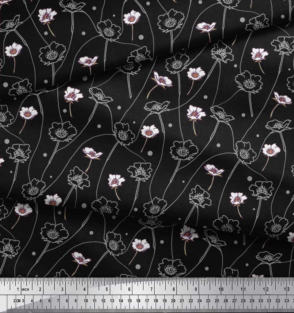 Soimoi Black Poly Crepe Fabric Dot|Leaves & Floral Artistic Decor Fabric Printed BTY 42 Inch