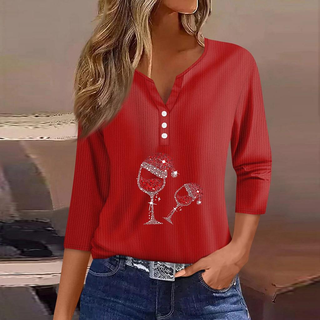Women‘s Fashion Casual Christmas Wine Glass Printed V-neck 3/4 Sleeve Button Knit Hoodie Regular Top