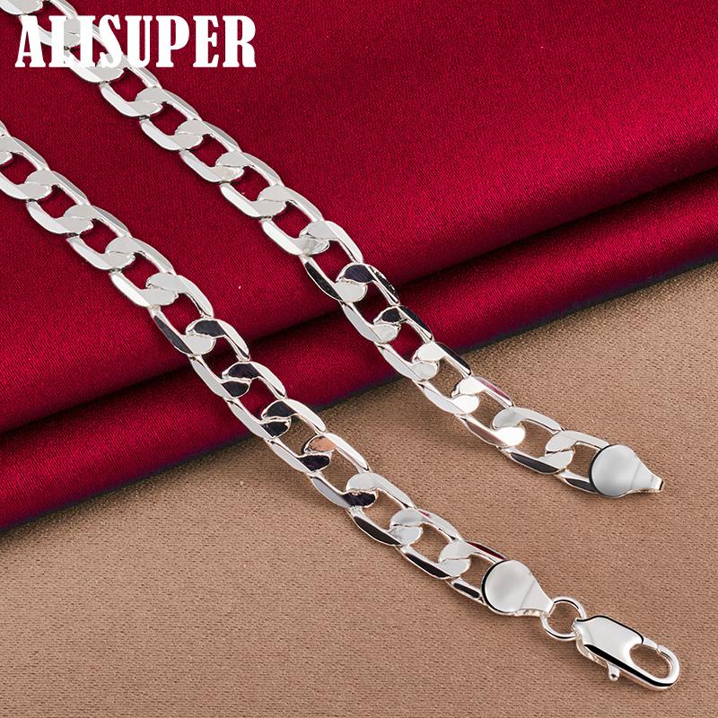 925 Sterling Silver 8mm Flat Side Chain 16/18/20/22/24 Inch Necklace Jewelry