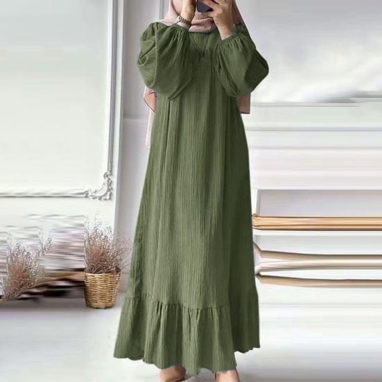 Women Robe Dress Crew Neck Long Puff Sleeves Pure Color Plus Size Patchwork Straight Pullover Casual Middle East Area Traditional Clothes Maxi Dress