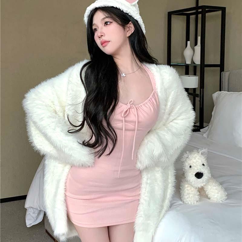 New pink lace-up neck dress women's spring and summer waist and thin hip skirt pure desire a word short skirt
