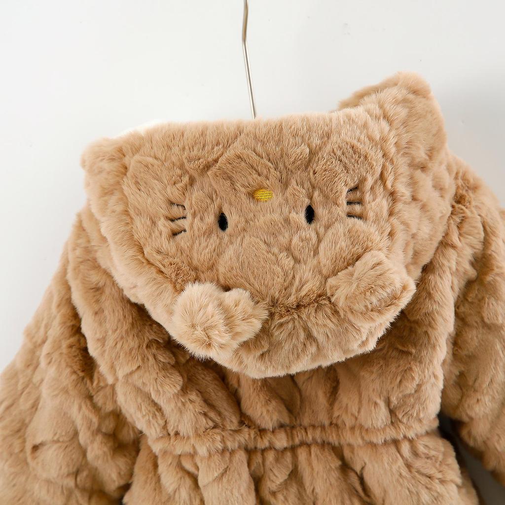 Свитер-пальто с капюшоном для девочек, с вышивкой мультяшного кота, пушистый, стеганый из искусственного меха, для осени/зимы