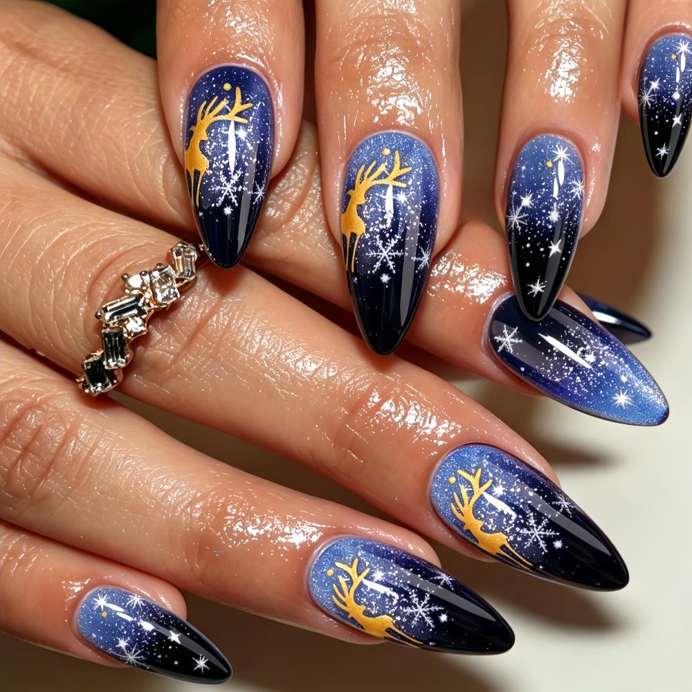 Christmas Elk Snowflake Starry Sky Nail Art Nails Blue Gradient Wear Nails