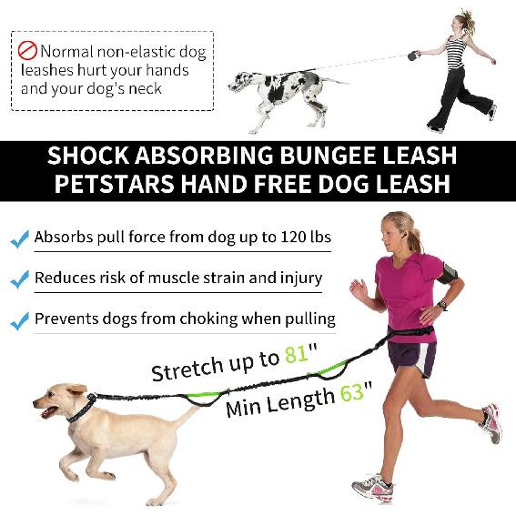 Hands Free Dog Leash with Zipper Pouch, Retractable Bungee Waist Leash with Dual Padded Handles & Waist Belt Fanny Pack for Medium & Large Dog