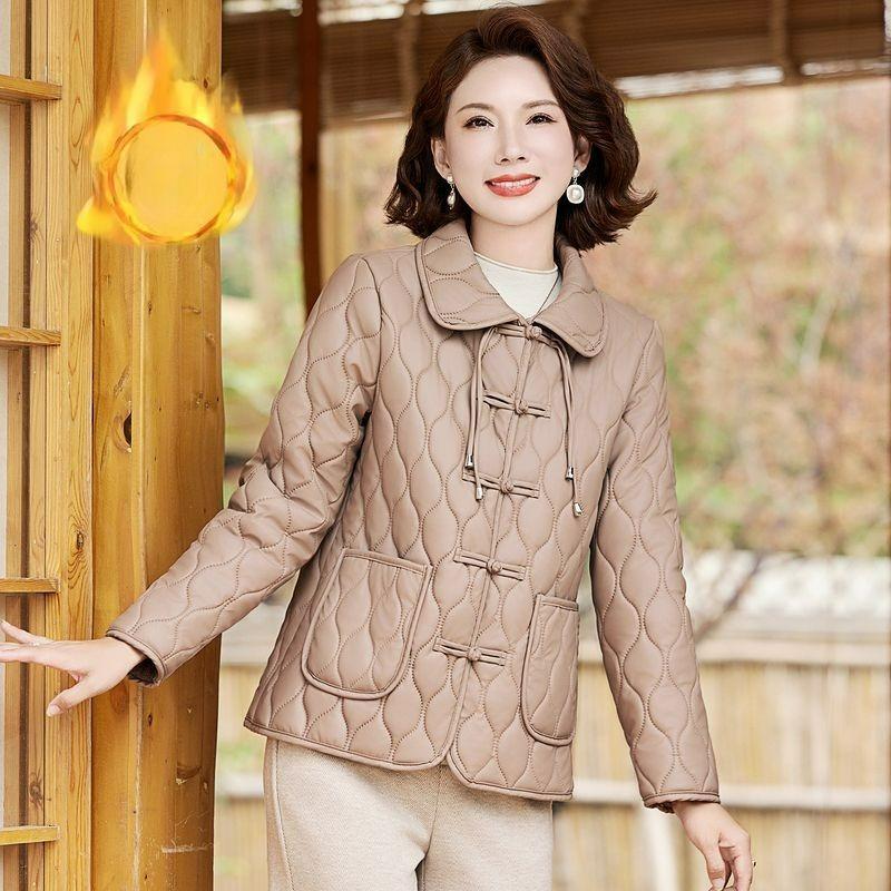 Chinese-style Mother Plus Velvet Jacket, PU Leather, Windproof Clothes, Autumn and Winter Age-reducing Retro Cotton-padded Clothes